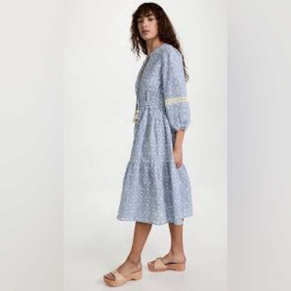 Shoshanna Chambray Long Sleeve Tiered Tassle Detail Dress Unlined Beautiful Sz S